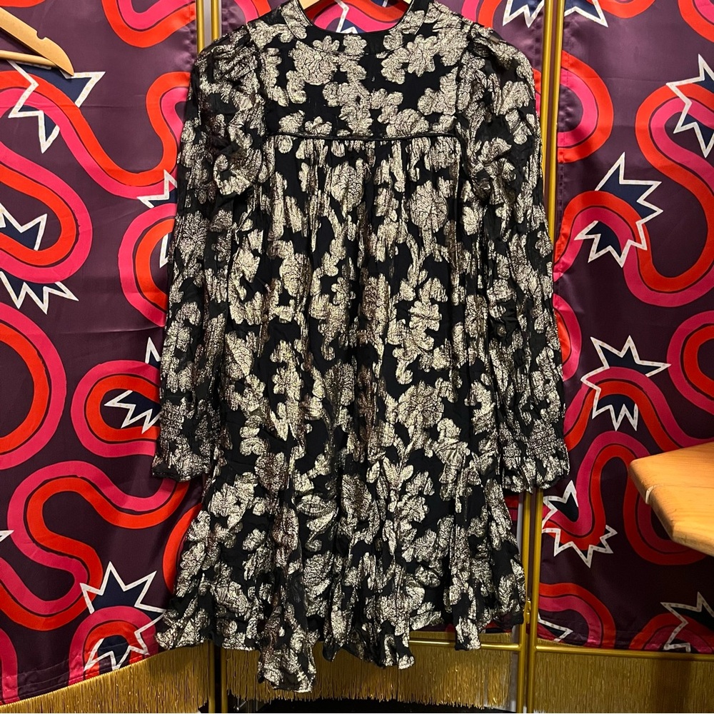 NWT by Anthropologie Metallic Gold Black Foil Mini Tunic Long Sleeve Dress Mesh - Picture 8 of 12